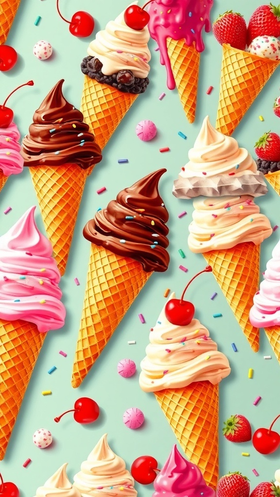 Ice Cream Delight Wallpaper A colorful wallpaper of ice cream cones and sundaes with sprinkles and cherries.
